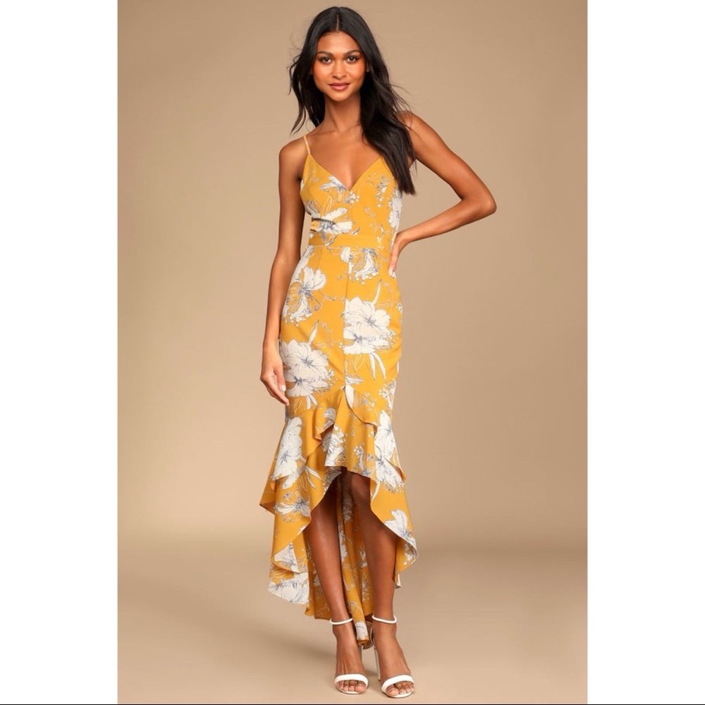 NWOT Lulus Darling Daylily Mustard Yellow Floral Print High-Low Maxi Dress Small